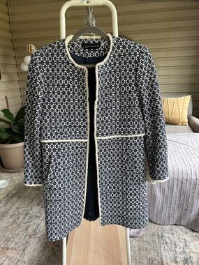 Zara Navy & White Tweed Collarless Coat with Cream Trim